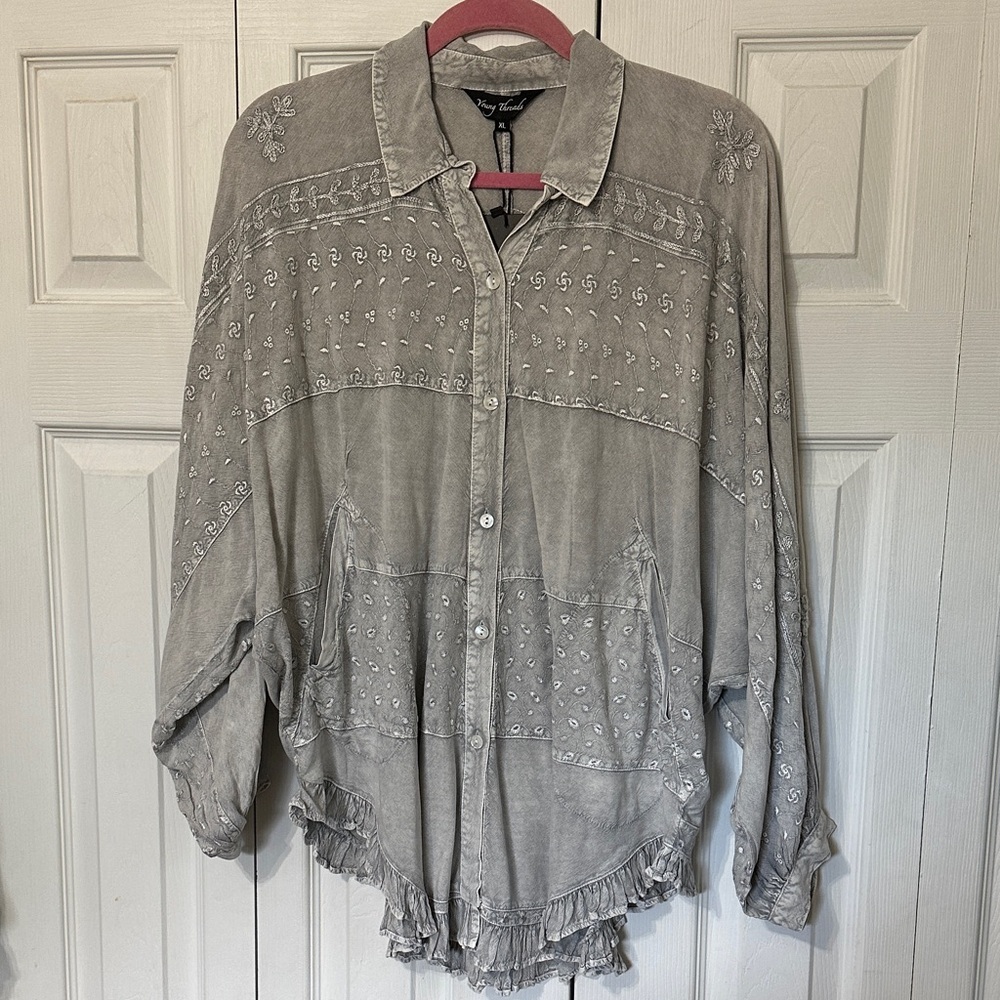 Elegant Gray Embroidered Button Down Shirt